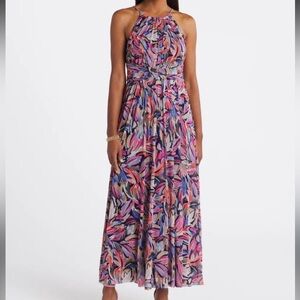 NWT Maggy London Rosie Ruched Waist Watercolor Floral Halter Maxi Dress Sz 8